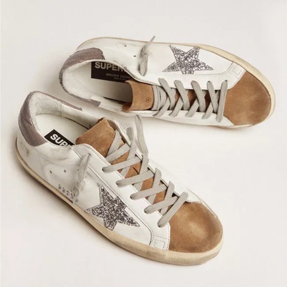 Golden Goose Shoes - Golden Goose Super-Star Classic White Tobacco Silver Glitter Leather Shoes - 39
